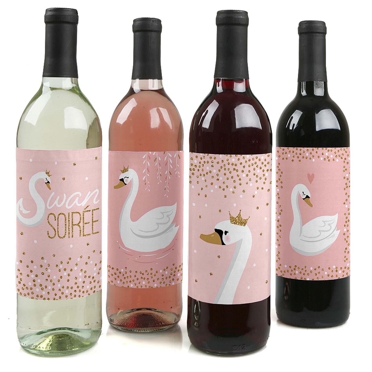 Big Dot of Happiness Swan Soiree - White Swan Baby Shower or Birthday Party Decorations for Women and Men - Wine Bottle Label Stickers - Set of 4